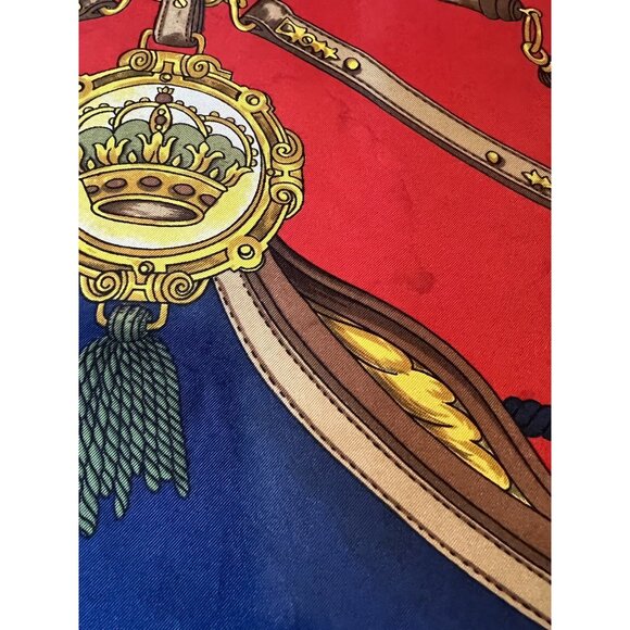 Vintage Equestrian Scarf By Antoine Red & Blue With Horses & Dogs 34"x34" - Picture 4 of 5